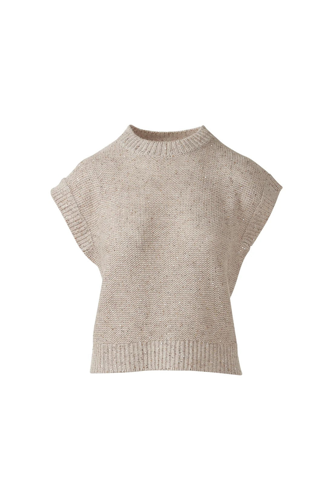 The KINROSS Sequin Cap Sleeve Crew Neck Cotton Sweater features a crew neckline, cap sleeves, and subtle sequin detailing—crafted from soft cotton for comfort.