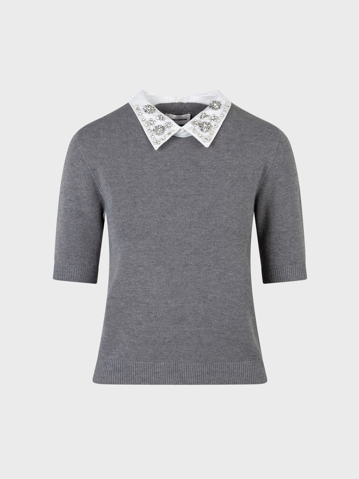 The SANDRO FERRONE - KNIT TOP WITH DETACHABLE RHINESTONE COLLAR is a grey short-sleeve knit top with ribbed cuffs and hem, plus a white detachable collar embellished with silver and clear rhinestone jewels.