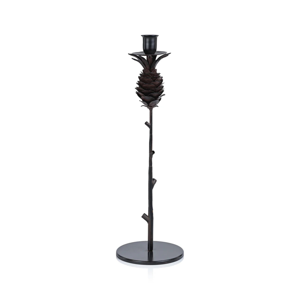 The ZODAX PINECONE WROUGHT IRON CANDLE HOLDER - TALL is a black candle holder with a pinecone design, slender branch-like stem, and round base.