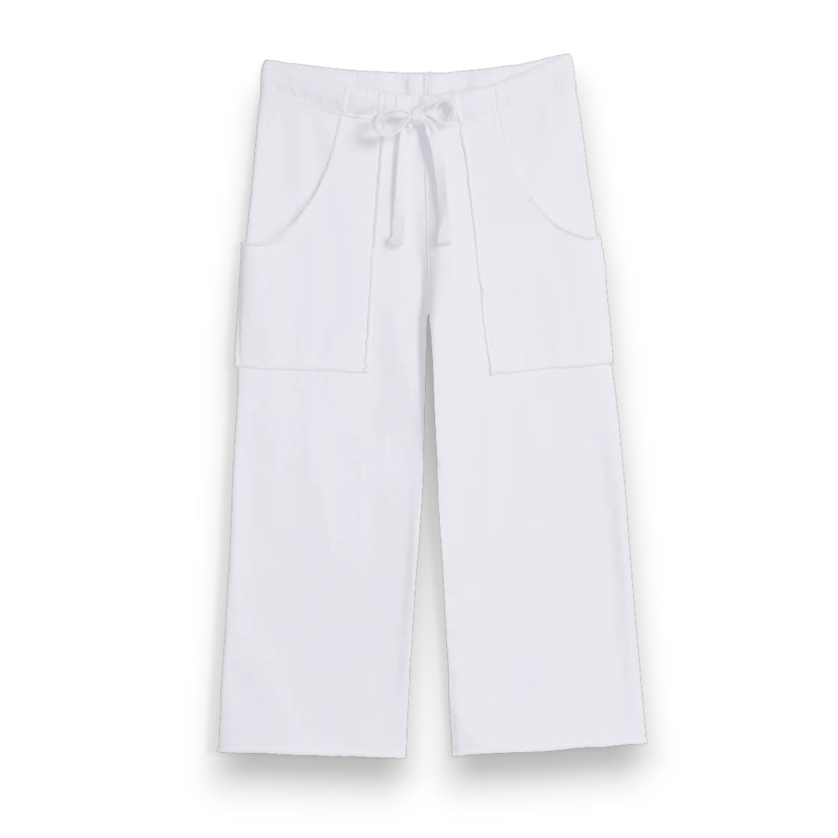 The FRANK &amp; EILEEN Penny Patch Pocket Sweatpant features a wide-leg silhouette in soft triple fleece with large front patch pockets and a drawstring waist, shown here in white.