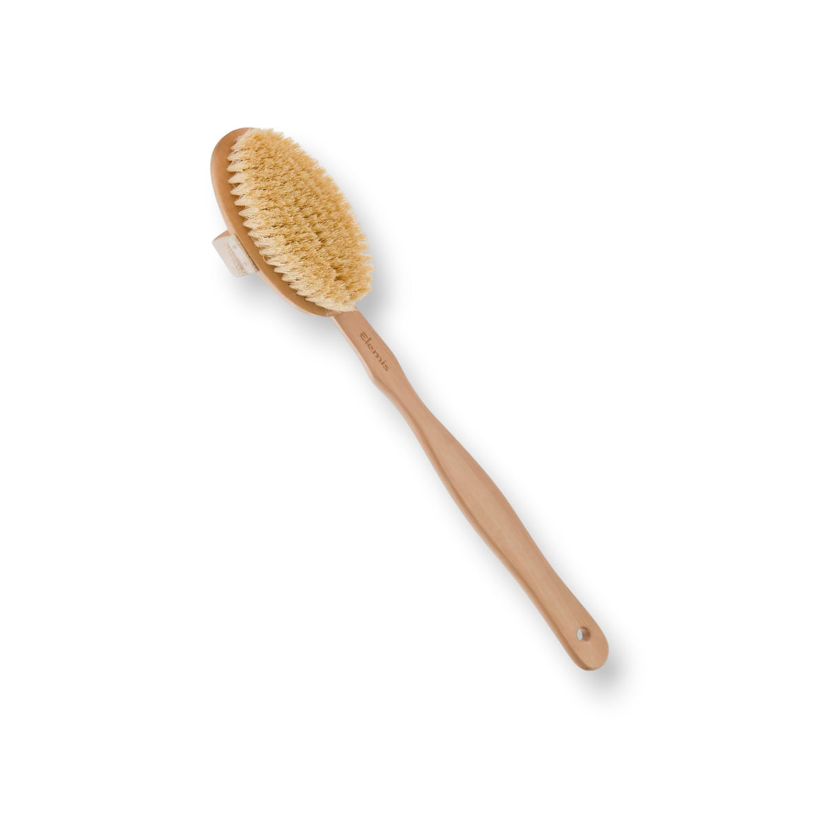 A BODY DETOX SKIN BRUSH featuring natural cactus bristles and white accents is shown, accompanied by a matching detachable handle. Both the brush and handle are branded with the name &quot;ELEMIS - STEINER.&quot; The set is displayed on a white background alongside a white bag also labeled &quot;ELEMIS,&quot; making it ideal for dry brushing.