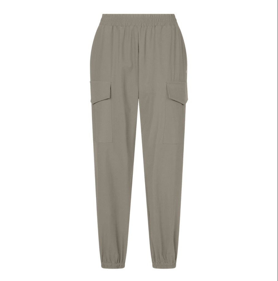 SAVE THE DUCK&#39;s GLYN Cargo Pull-On Pant features a plain, light beige textured surface with subtle vertical lines and quick-dry properties.