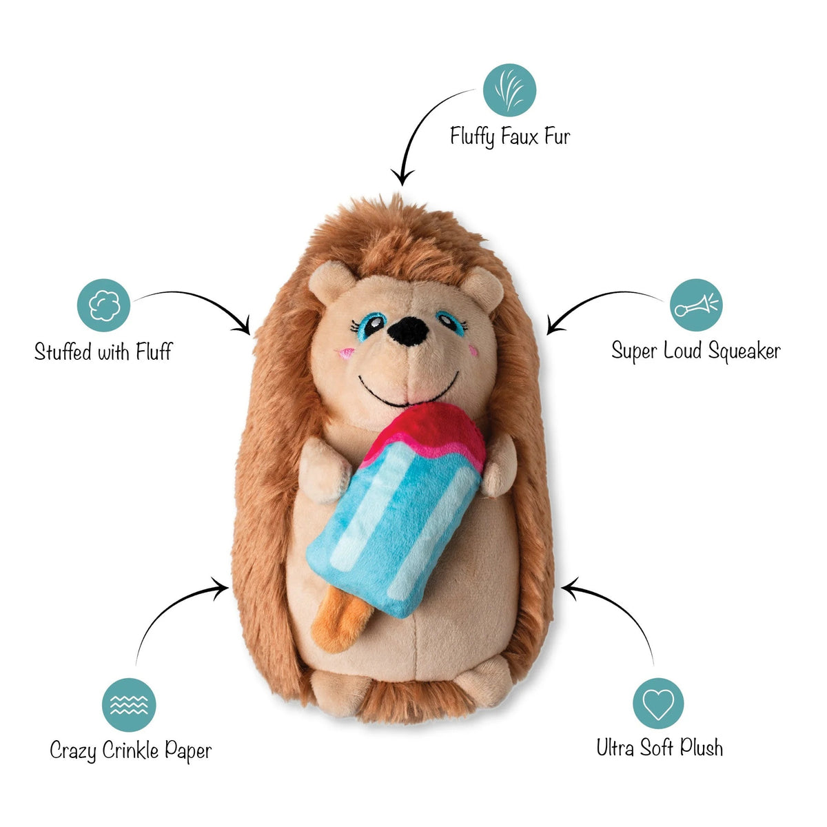 Bring extra fun to playtime with the PET SHOP BY FRINGE STUDIO "Be Cool, Be Hedgy" Plush Dog Toy—a plush hedgehog with soft brown fur, a cheerful smile, and a vibrant blue and pink popsicle. This adorable dog toy also features crinkle material inside for added excitement during play.