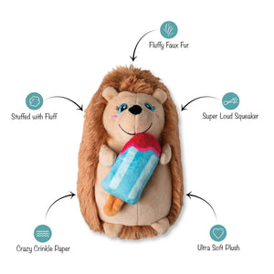 Bring extra fun to playtime with the PET SHOP BY FRINGE STUDIO "Be Cool, Be Hedgy" Plush Dog Toy—a plush hedgehog with soft brown fur, a cheerful smile, and a vibrant blue and pink popsicle. This adorable dog toy also features crinkle material inside for added excitement during play.