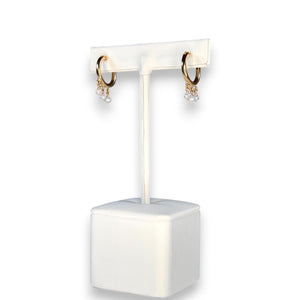 GOLDISH - FRINGE HOOP EARRINGS WITH WHITE PEARLS by GOLDISH: small gold fill hoops featuring three dangling white pearl charms, shown on a plain white background.