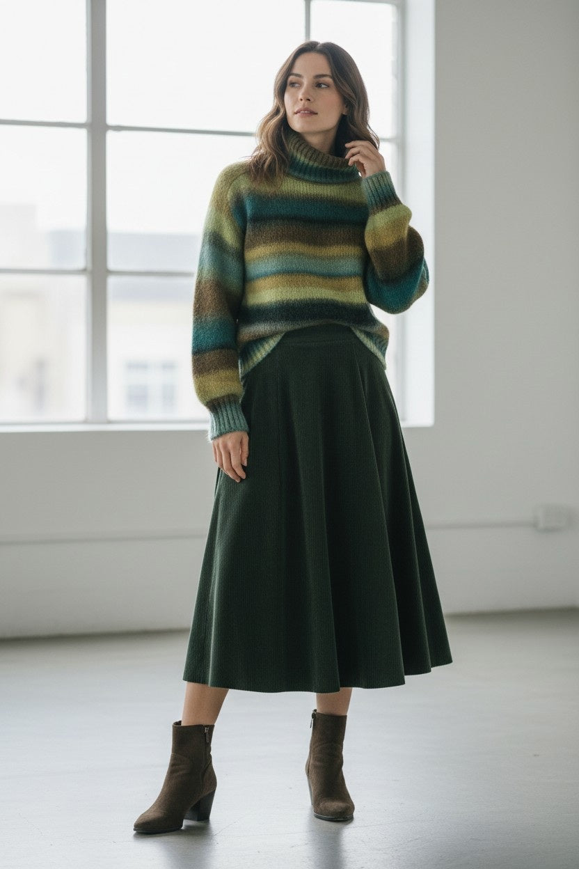 A woman stands indoors dressed in a striped green, brown, and blue turtleneck sweater paired with the FLOOR Corduroy Skirt in Moss Green by FLOOR and brown ankle boots. Large windows fill the minimalist room with natural light.