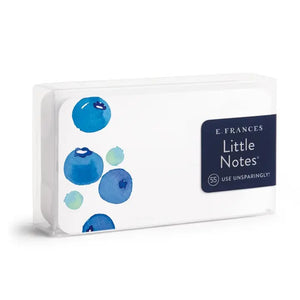 E. FRANCES - LITTLE NOTES BLUEBERRIES by E. FRANCES PAPER includes 55 mini note cards featuring a watercolor blueberry design and a dark blue front label—perfect for Blueberries note card enthusiasts and any E. Frances stationery collection.