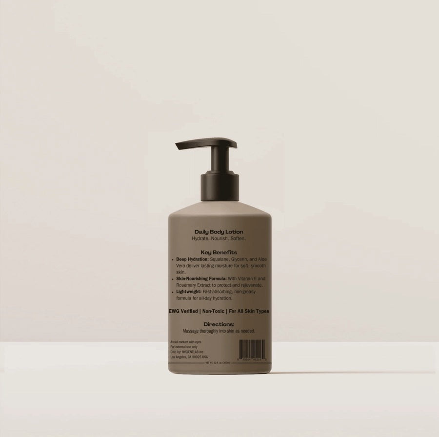 A four-part image showcases the HYGIENELAB - BODY LOTION, UNSCENTED, spotlighting key ingredients Tocopherol, Squalane, and Aloe Barbadensis along with their skin benefits. The composition features a “Clean Non-Toxic Formula” bottle from HYGIENELAB bearing a health certification badge. This dermatologist-approved body lotion is also EWG Verified, ensuring your peace of mind.