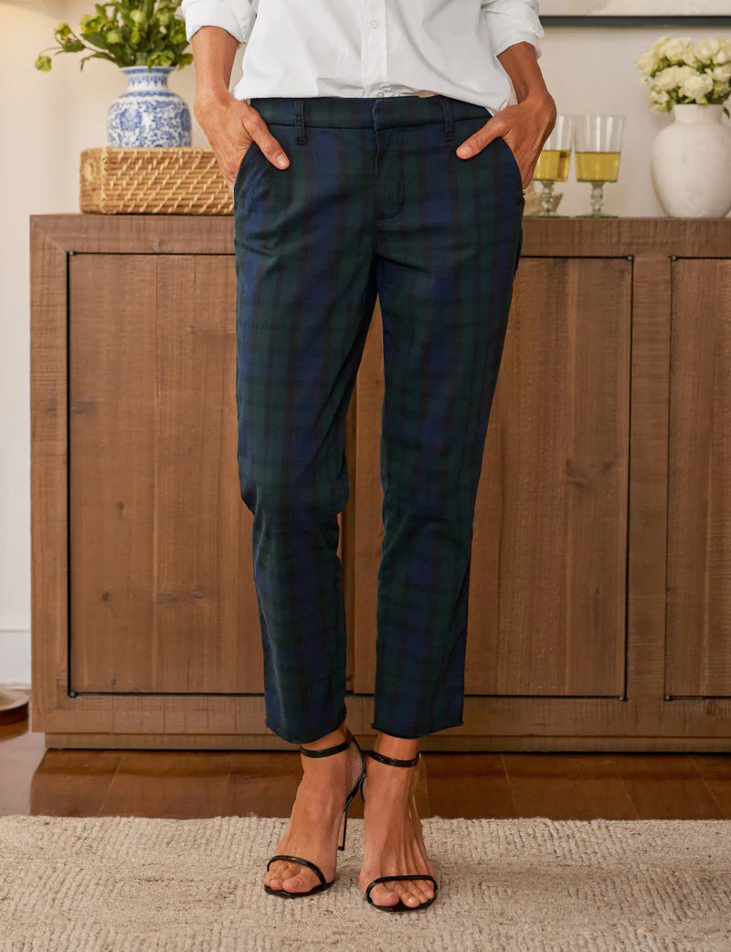 The FRANK &amp; EILEEN Wicklow Italian Chino in Black Watch Plaid Performance Twill features a straight-leg fit, four-way stretch, belt loops, side pockets, and a button closure, shown laid flat on a white background.