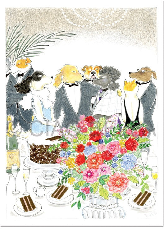 The CIAO BELLA - BLACK TIE CARD from the CIAO BELLA brand features a vibrant illustration of anthropomorphic dogs dressed in formal attire at an elegant gathering. They are seated around a table adorned with a large floral centerpiece, a chocolate cake, and slices of cake on plates. The scene exudes sophistication with champagne and a festive atmosphere, making it an ideal blank note card.