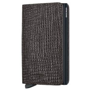 Illustration displaying the SECRID - Slimwallet Palmetto in Brown, expertly crafted by SECRID from refined Palmetto leather. The wallet measures 102 mm in height, 68 mm in width, 16 mm in thickness, and weighs 72 grams. Featuring RFID protection, the wallet is shown from both front and side perspectives.