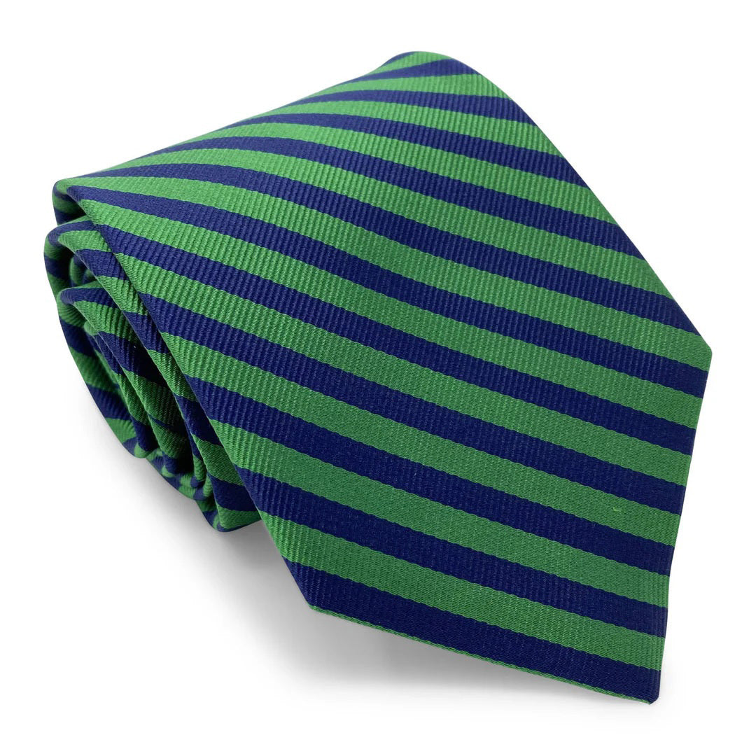 The COLLARED GREENS - NEWMAN TIE IN NAVY GREEN by BIRD DOG BAY is a handmade silk men's necktie featuring diagonal green and navy blue stripes on a white background, crafted in New York for refined style.