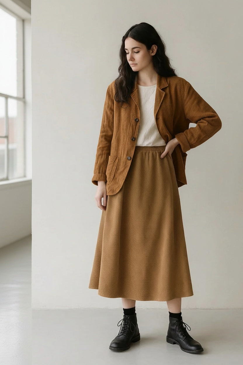 A woman stands indoors in a minimal, well-lit room with large windows, wearing the CP SHADES - Vera Jacket in Bronze Corduroy over a white top, paired with a matching skirt and black boots. She looks down thoughtfully, one hand on her waist.