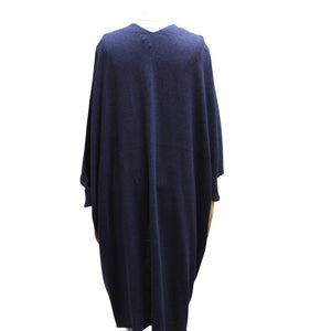 A mannequin showcases the MERSEA - CHELSEA KIMONO, a soft, loose-fitting navy blue short-sleeve cardigan by MERSEA, layered over a plain white top and displayed on a white background.
