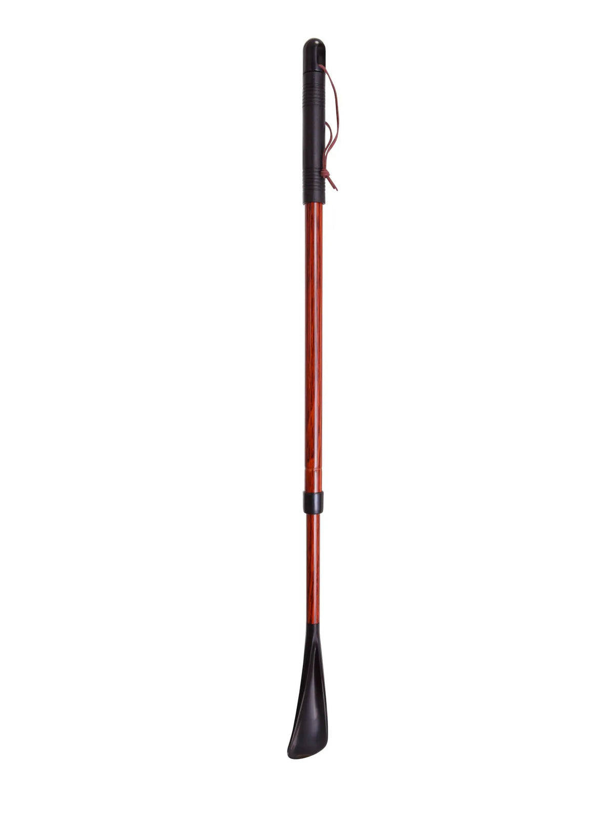 The HARVY CANES LONG REACH SHOE HORN by HARVY CANES features a brown shaft, black gripped handle, small wrist loop, and a wide black leather tip—designed for added convenience and extended reach.