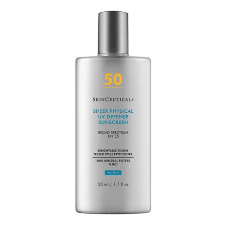 A silver bottle of SKIN CEUTICALS - SHEER PHYSICAL DEFENSE SPF 50 with blue and yellow text. This mineral sunscreen offers broad spectrum protection, a weightless finish, is tested post procedure, and contains 100% mineral filters. The bottle holds 50 ml or 1.7 fl oz of fluid.