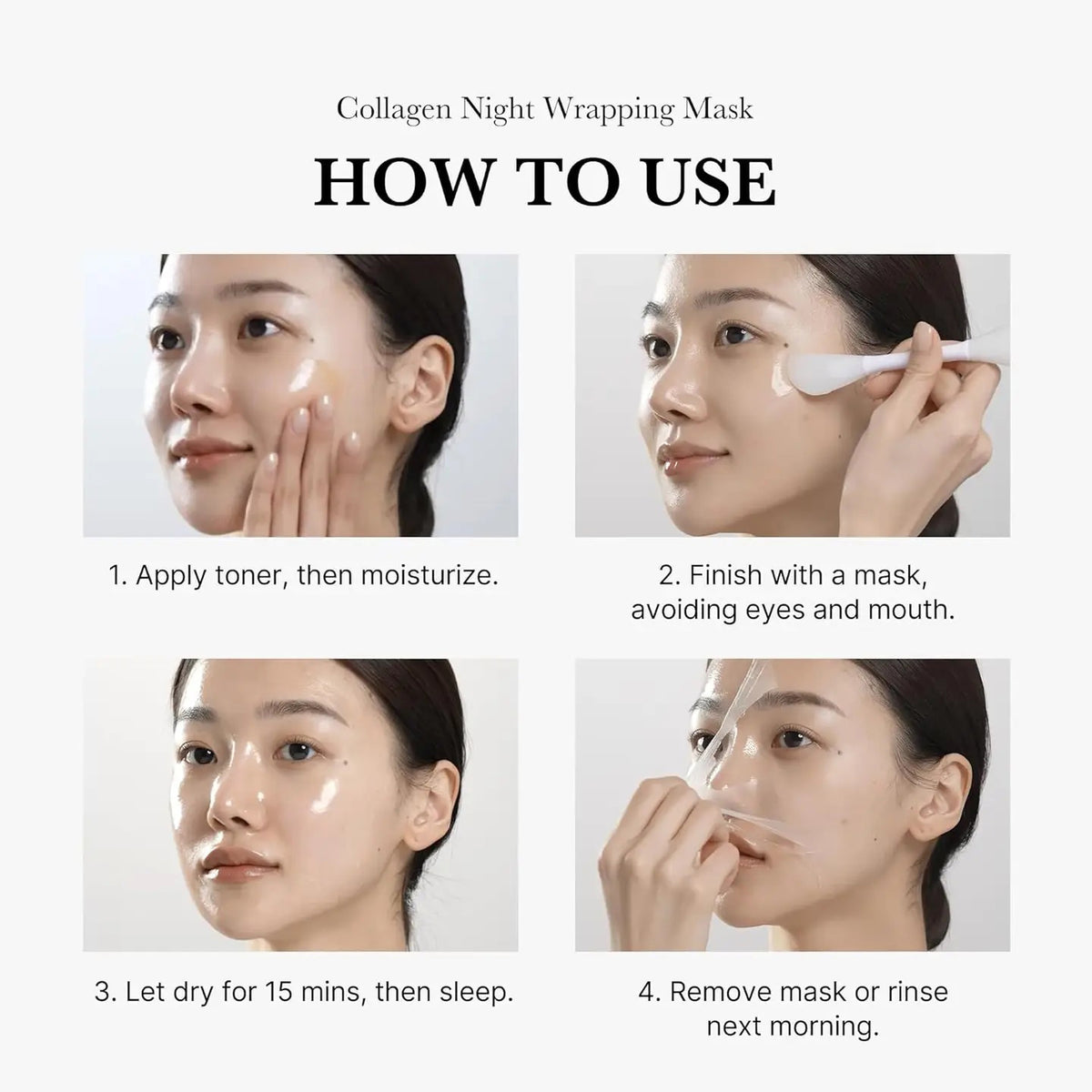 The pink 75 ml tube of MEDICUBE - COLLAGEN OVERNIGHT WRAPPING PEEL OFF FACIAL MASK from ASIAN BEAUTY WHOLESALE features &quot;Collagen Extract,&quot; &quot;Infused with moisture,&quot; and &quot;Hyaluronic &amp; Ceramide NP.&quot; It boosts elasticity, forming a collagen wrapping film for night care, marked by a crescent moon icon.