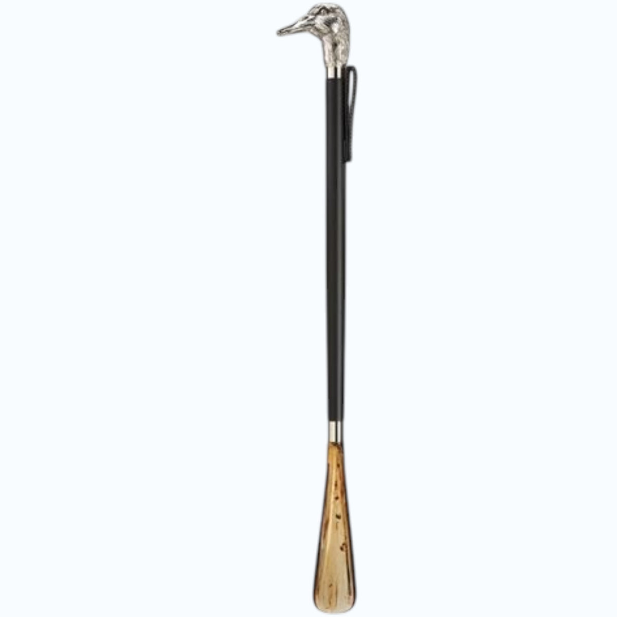 The HARVY CANES - SILVER DUCKHEAD SHOE HORN features a nickel-plated duck head handle, a sleek dark beech wood shaft, and a light horn tip for easy shoe entry.