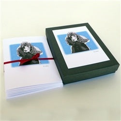PAPER RUSSELLS - STANDARD POODLE NOTE CARDS feature a forward-facing curly Standard Poodle on blue, in a white mat and black frame. Printed on recycled paper, made in the USA, and FSC certified for sustainability by PAPER RUSSELLS.