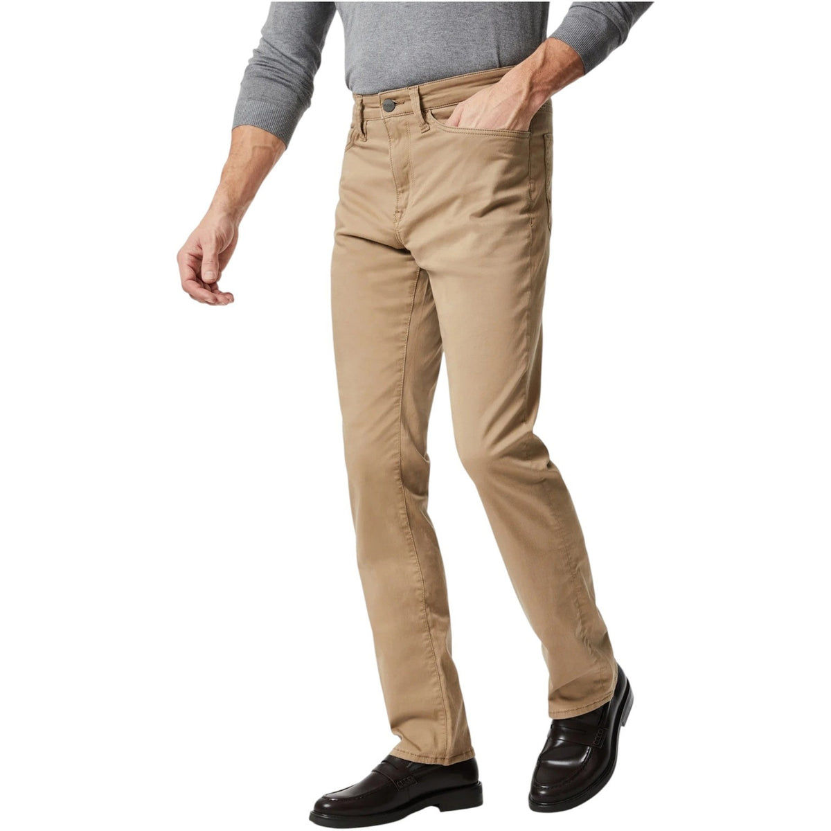 A man wearing a grey long-sleeve shirt, black dress shoes, and 34 HERITAGE - CHARISMA RELAXED STRAIGHT PANTS IN KHAKI TWILL stands with one hand in his pocket against a plain white background.