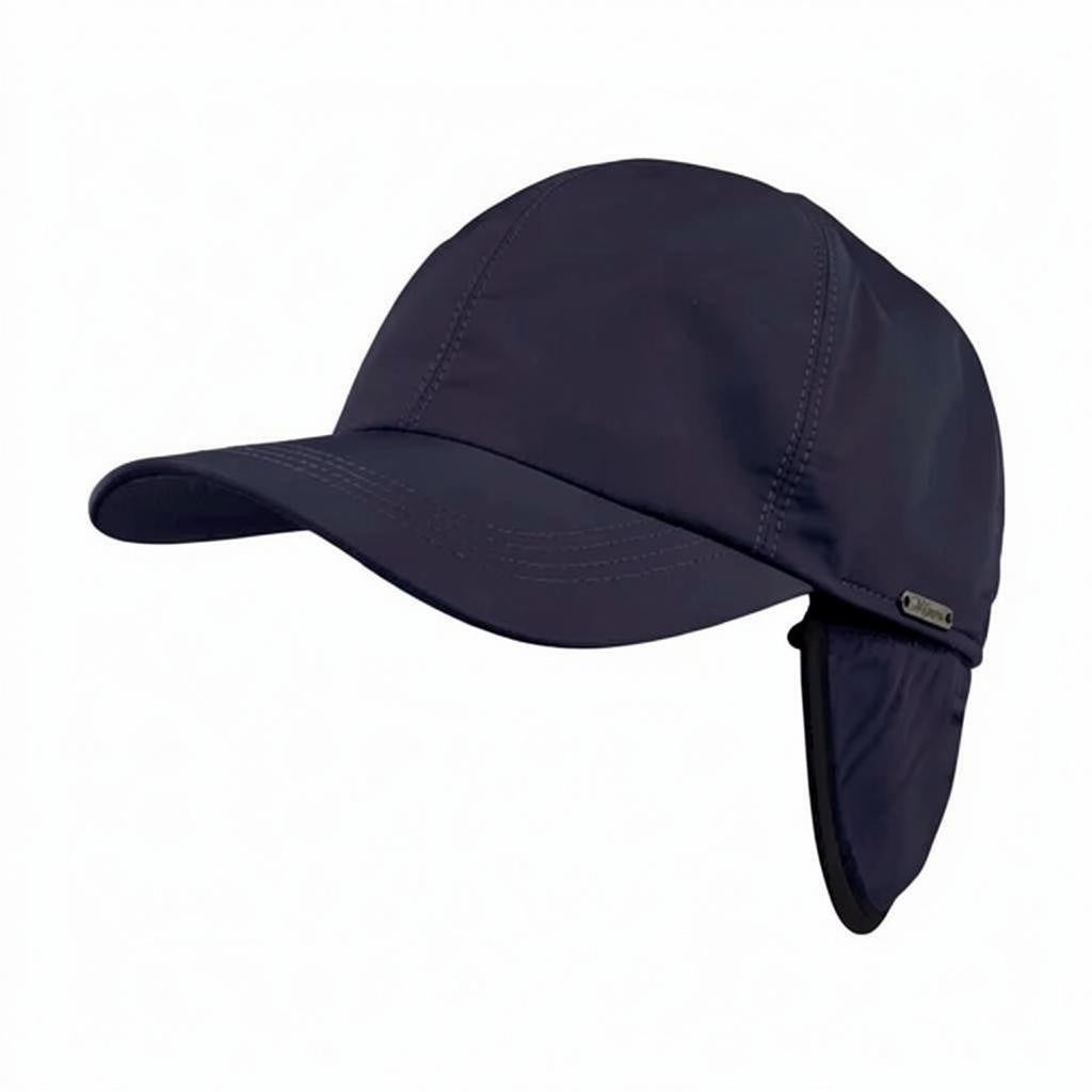 The WIGENS Classic Sport Twill Baseball Cap with Earflaps in Navy features water-repellent fabric, a curved brim, and added earflaps for extra protection, shown against a white background.