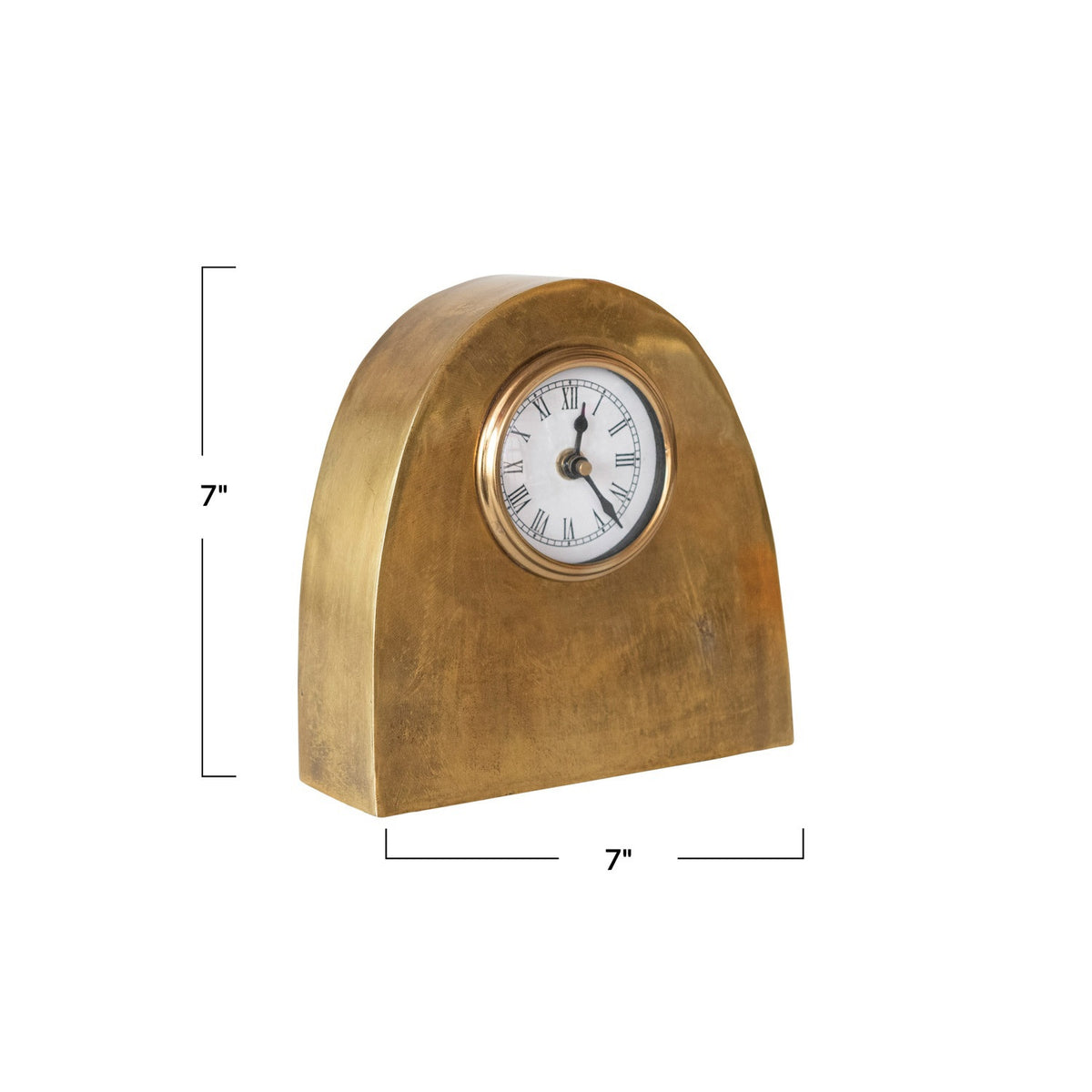 The CREATIVE COOP ARCHED METAL MANTEL CLOCK features an antique gold finish, a rounded top, and Roman numerals on a white face, shown against a plain white background.
