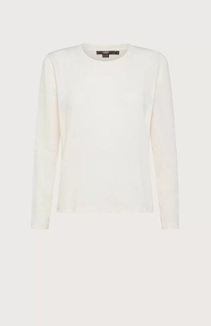 A plain, long-sleeve, white crew-neck T-shirt from SEVENTY displayed against a light background. The fabric appears smooth and the shirt has a relaxed fit. A black garment tag at the collar indicates that it's made in Italy.