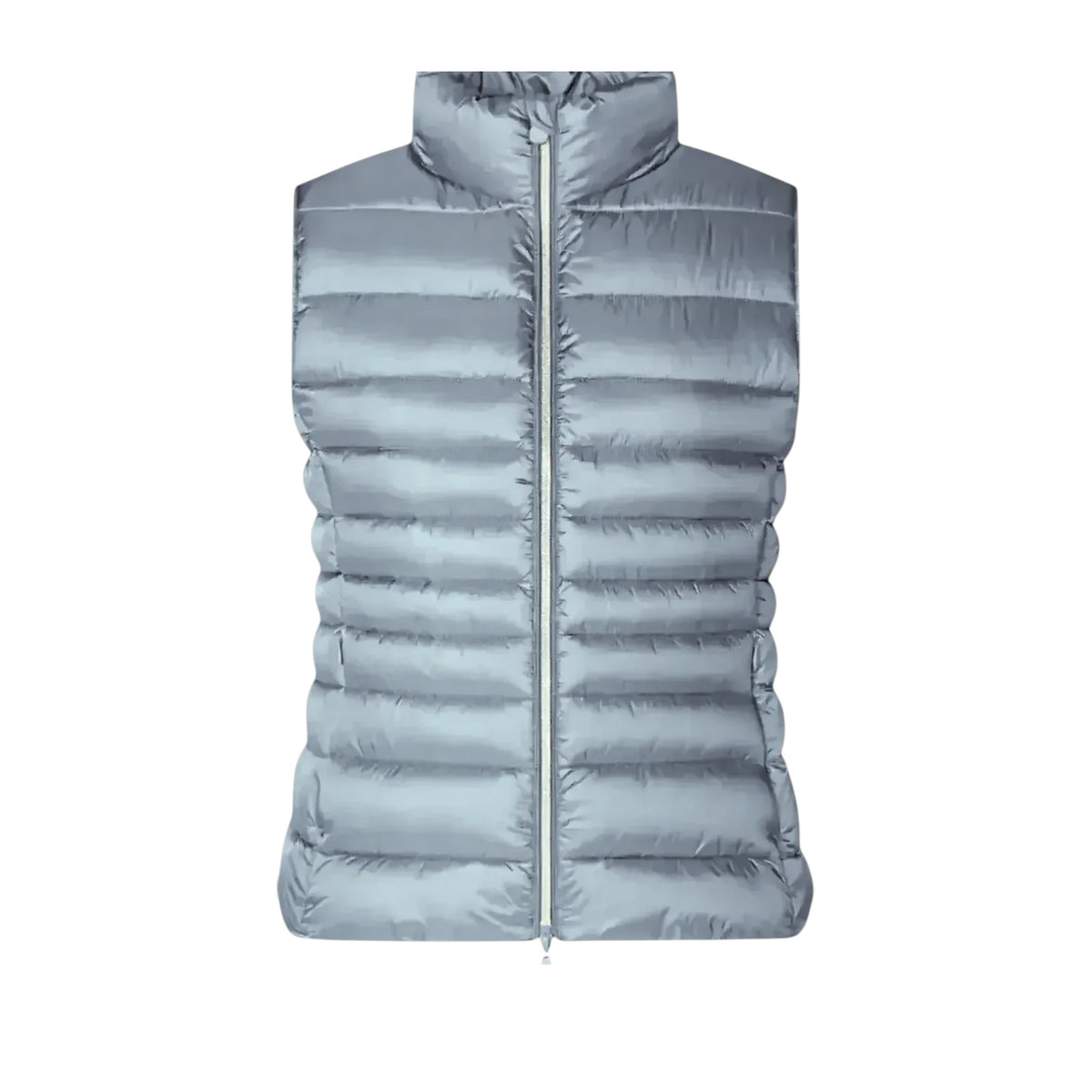 The SAVE THE DUCK - LYNN PUFFER VEST IN BLUE FOG is a light blue, sleeveless women’s vest with horizontal quilting and a high collar, shown zipped up and laid flat. Lightweight nylon ensures comfort and style. Brand: SAVE THE DUCK.