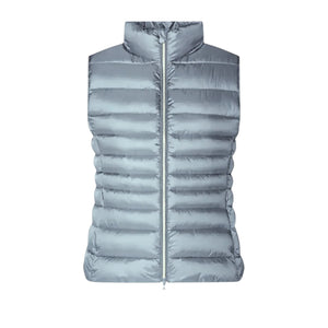 The SAVE THE DUCK - LYNN PUFFER VEST IN BLUE FOG is a light blue, sleeveless women’s vest with horizontal quilting and a high collar, shown zipped up and laid flat. Lightweight nylon ensures comfort and style. Brand: SAVE THE DUCK.