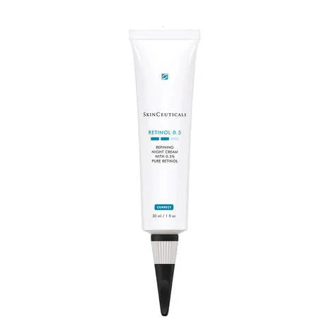 A white tube labeled &quot;SKINCEUTICALS - RETINOL .05&quot; with blue and black text, featuring a black cap at the bottom. This anti-aging pore minimizer from Skin Ceuticals is available in a 30 ml / 1 fl oz size.