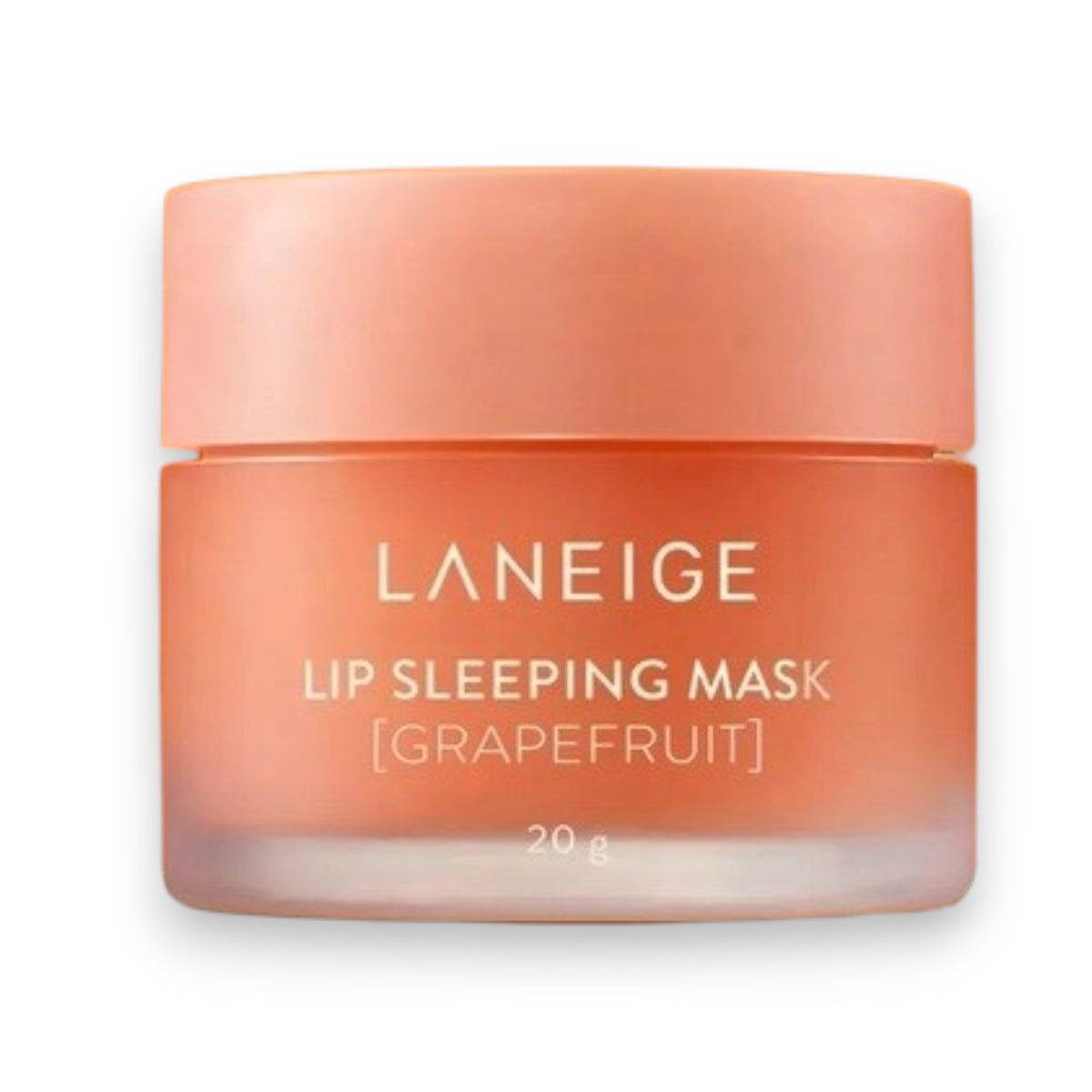A jar of KOSMIC KBEAUTY SKINCARE’s LANEIGE - LIP SLEEPING MASK in Grapefruit rests on a beige pedestal against a warm orange and yellow gradient background, showcasing this nourishing overnight lip treatment.