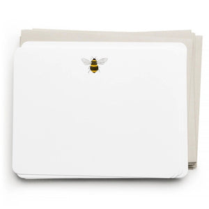 The E. FRANCES - FLAT NOTES BEE by E. FRANCES PAPER features illustrated bee stationery with a yellow honeycomb pattern on the back—perfect for hand-written notes. Set is pictured partially opened.