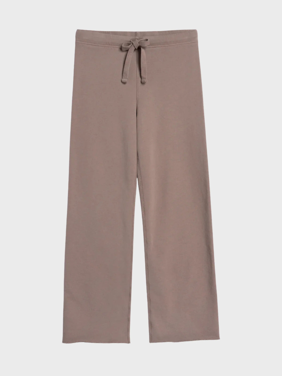 The FRANK &amp; EILEEN Catherine Long Sweatpant in Brulee features a taupe hue, high-rise wide-leg fit, elastic waistband, and front drawstring, shown laid flat on a white background.