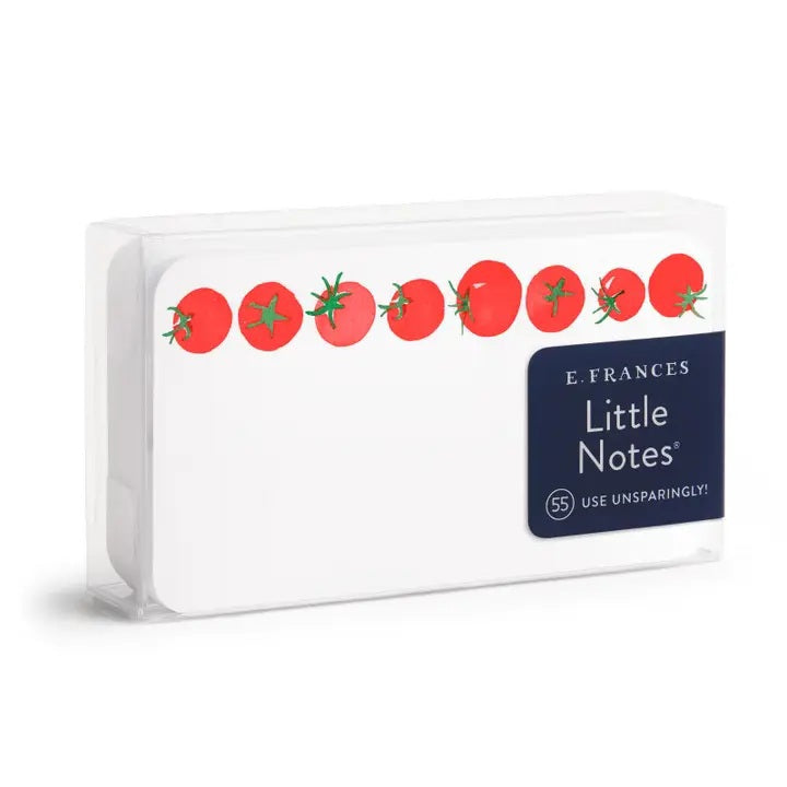 The E. FRANCES - LITTLE NOTES TOMATO by E. FRANCES PAPER is a white mini note card with rounded corners, decorated with illustrated red tomatoes and green stems along the top edge—ideal for gardening stationery fans.