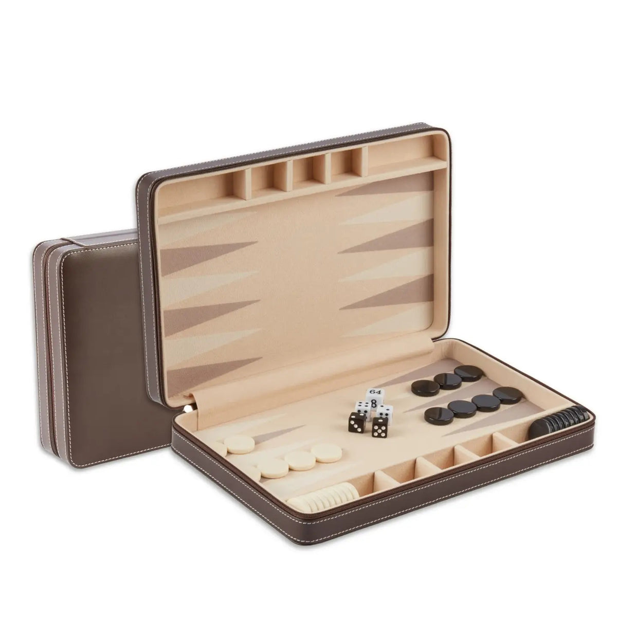 The BEYBERK INTERNATIONAL LEATHER BACKGAMMON SET - BROWN is shown open, revealing its board with light and dark points, checkers, dice, a doubling cube, and a portable closed case displayed behind it.