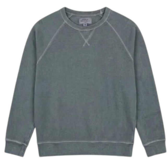 A close-up view of a person wearing the HARTFORD light fleece sweatshirt in charcoal, made in Portugal, featuring a distinctive X-shaped decorative stitch detail at the base of the collar.
