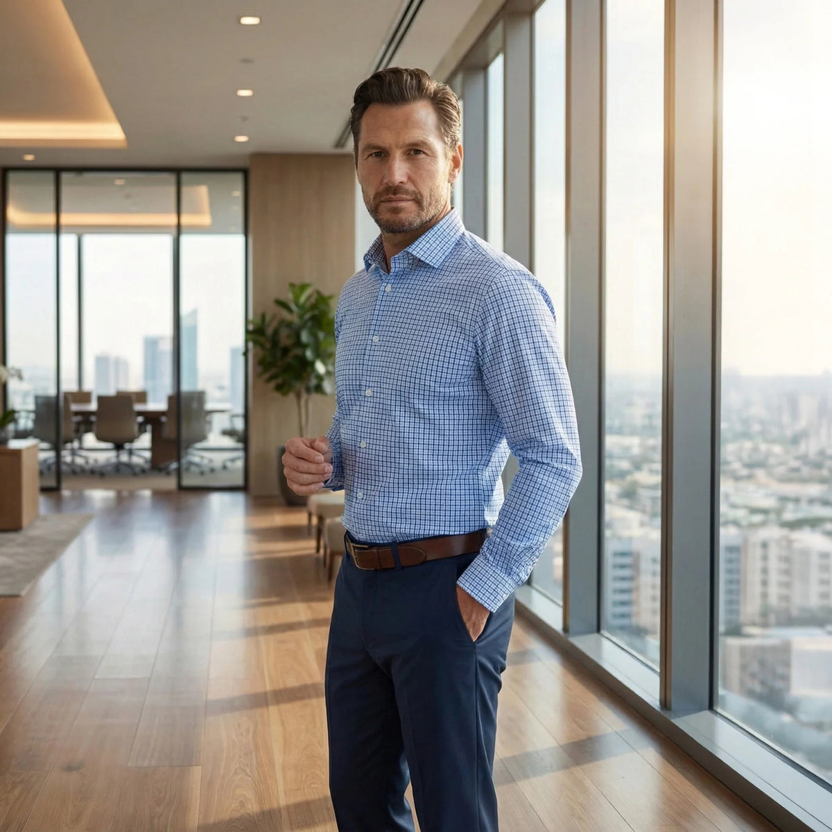 A man wearing the COLLARS AND CO Semi Spread Collar Apex Performance Dress Shirt in Vincenzo Blue Tattersall walks confidently down a modern office hallway, with large windows, plants, and people working in the background.