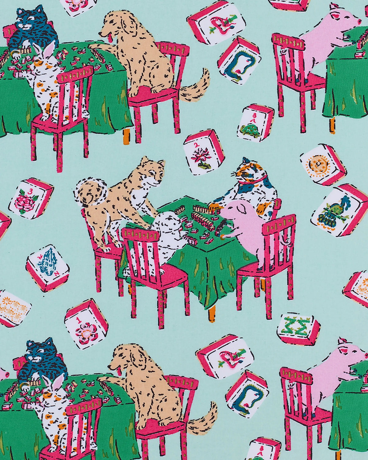 Dressed in PRINTFRESH’s Mahjong Menagerie Pajama Short Set, this person sports matching pastel organic cotton sleepwear featuring a playful cat print with tables, books, and chairs. The set includes a short-sleeve button-up shirt and shorts, both finished with light pink trim.