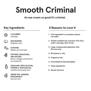 A white tube of JAXON LANE - SMOOTH CRIMINAL AGE DEFYING EYE CREAM for dark circles and under eye bags stands upright against a plain white background.