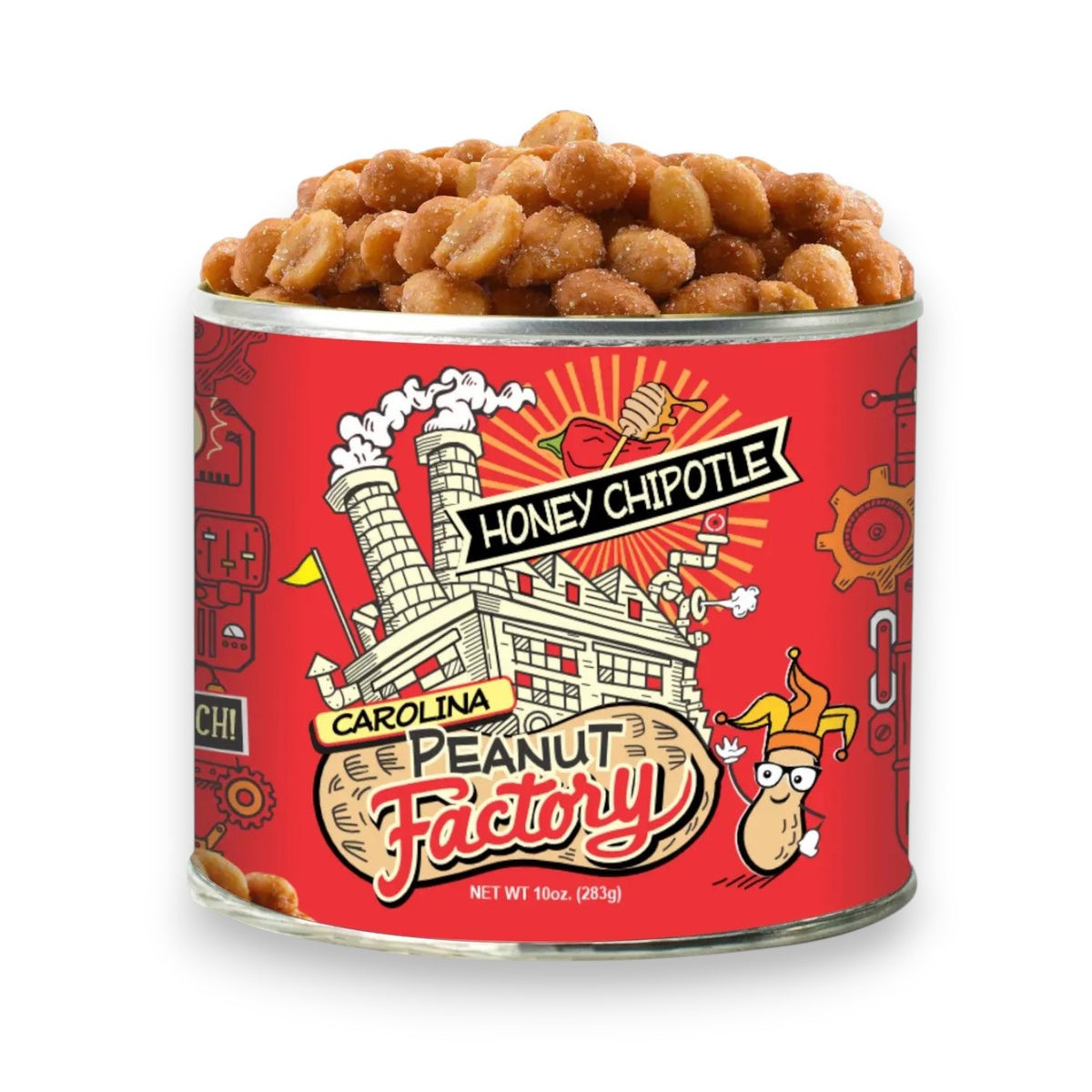 A red can labeled "1949 NUT COMPANY" and "HONEY CHIPOTLE PEANUTS" holds seasoned peanuts. The label shows a cartoon factory and peanut mascot with steam and gears in the background.
