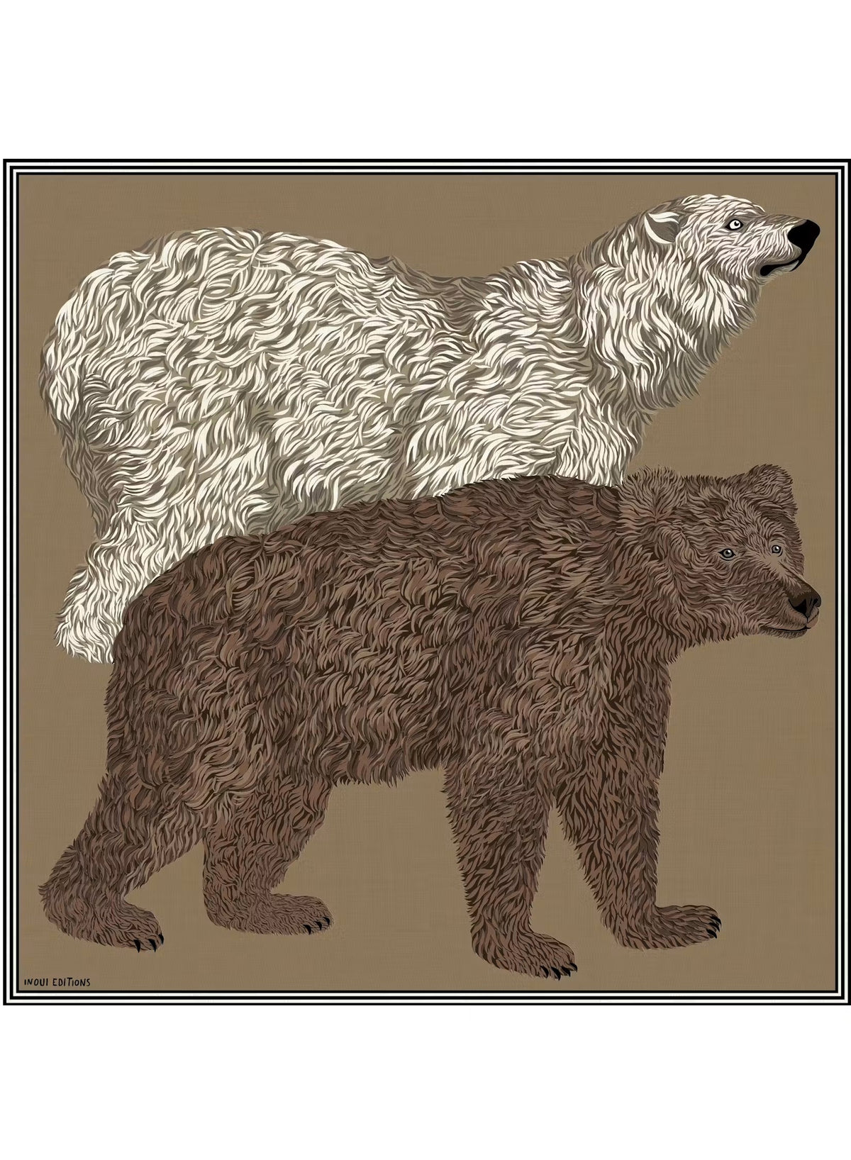 Illustration of a polar bear with white fur standing above and slightly overlapping a brown grizzly bear, both facing to the right, set against a plain beige background inspired by the INOUI EDITIONS OURS WOOL SCARF made from 100% wool in India.
