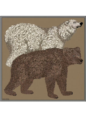 Illustration of a polar bear with white fur standing above and slightly overlapping a brown grizzly bear, both facing to the right, set against a plain beige background inspired by the INOUI EDITIONS OURS WOOL SCARF made from 100% wool in India.