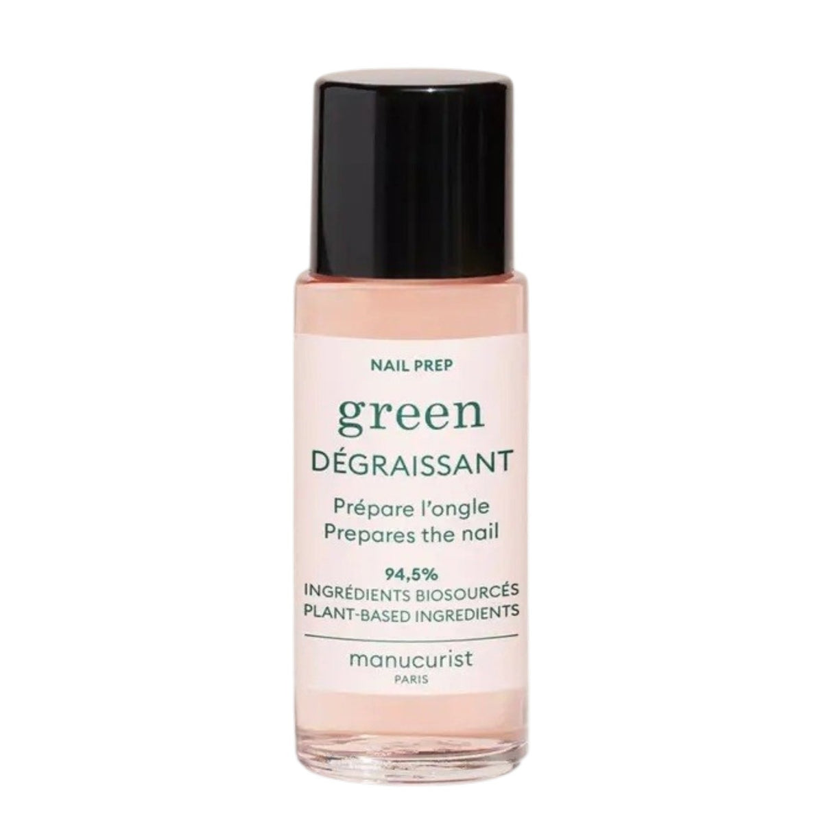 A 30ml bottle of MANUCURIST - GREEN™ DEGREASER nail prep from MANUCURIST INC, formulated with gentle, effective plant-based ingredients. The clear bottle features a black cap and a white label with green and black text.
