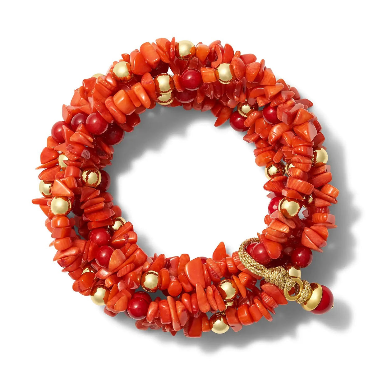 Introducing the CC AND CO BY CATHERINE CANINO - SOPHIA CORAL AND GOLD SALLY BRACELET SET by CC & CO BY CATHERINE CANINO: a vibrant multi-strand coiled bracelet handcrafted in NYC with irregular red coral chips, gold accents, and round beads, all elegantly finished with a gold clasp.