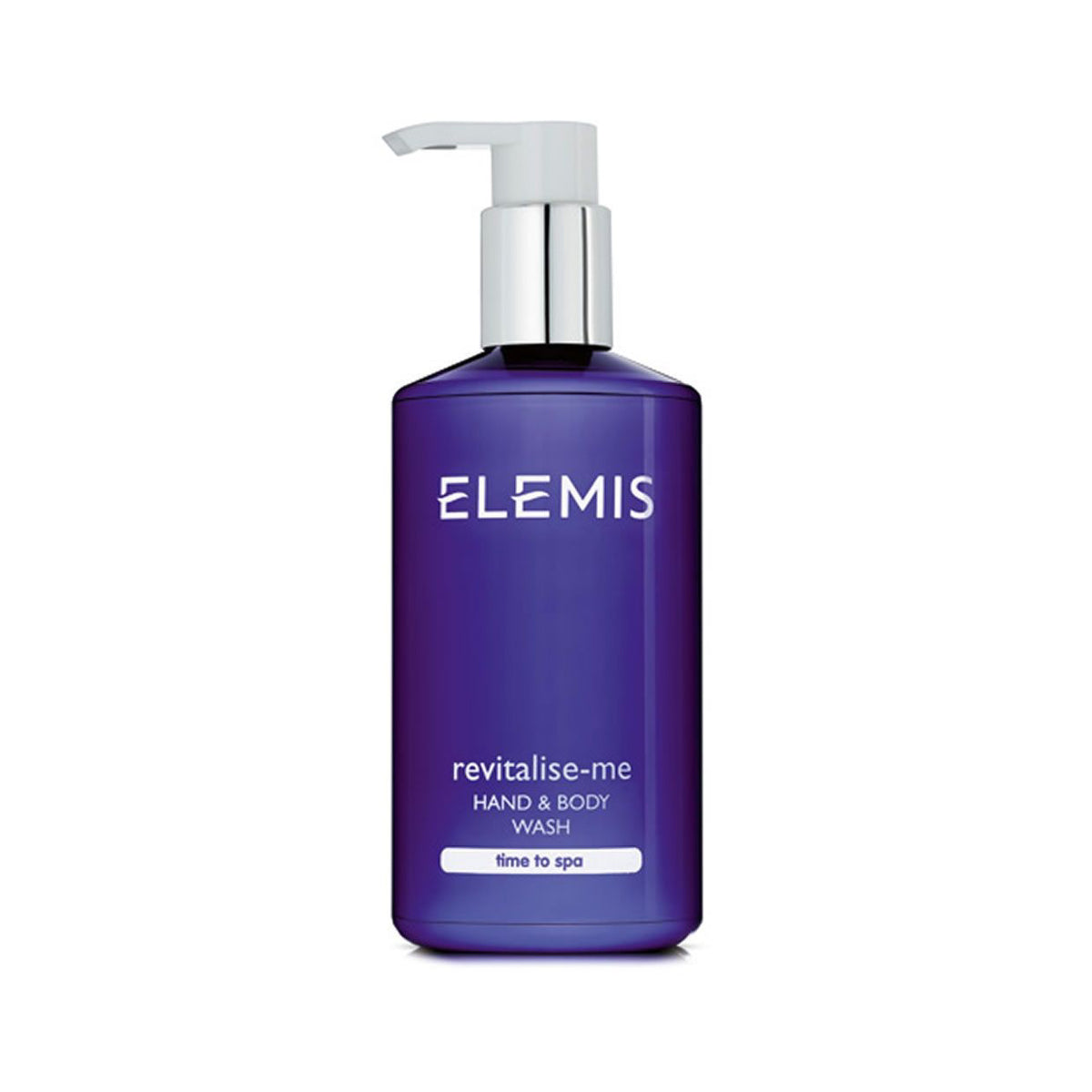 A dark purple bottle of ELEMIS - REVITALISE ME Hand &amp; Body Wash with a white pump dispenser. Infused with essential oils, the label features the brand name "ELEMIS - STEINER" in white font above "revitalise me" and the product type. The bottom tag reads "time to spa" in white text.