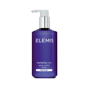 A dark purple bottle of ELEMIS - REVITALISE ME Hand & Body Wash with a white pump dispenser. Infused with essential oils, the label features the brand name "ELEMIS - STEINER" in white font above "revitalise me" and the product type. The bottom tag reads "time to spa" in white text.
