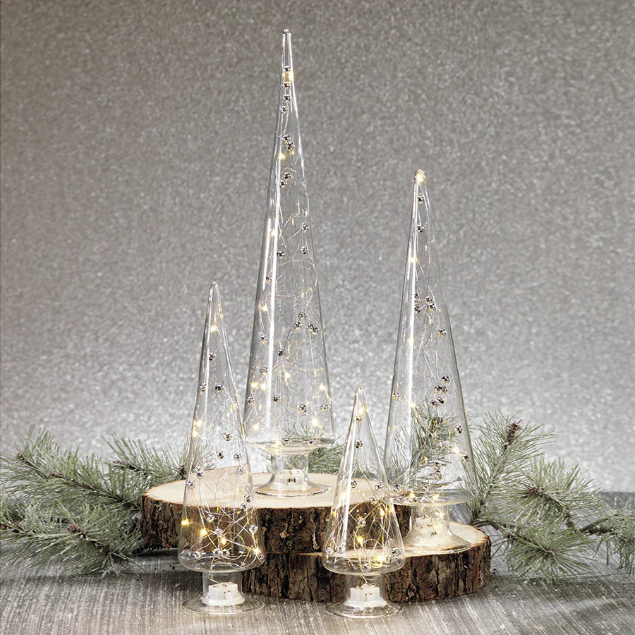 The ZODAX LED Glass Tree with Silver Beads - Medium features a clear, cone-shaped design filled with warm white LEDs and stands on a round base, bringing elegant holiday charm to any space.