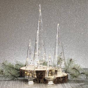 The ZODAX LED Glass Tree with Silver Beads - Medium features a clear, cone-shaped design filled with warm white LEDs and stands on a round base, bringing elegant holiday charm to any space.