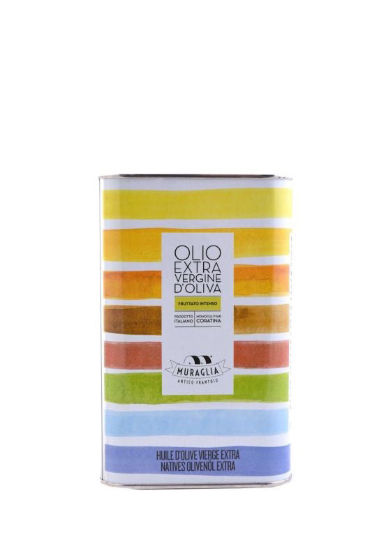 A tin of Zia Pia Imports' Muraglia Extra Virgin Olive Oil, crafted from Coratina olives in Puglia, showcases a colorful striped design in shades of yellow, orange, red, green, blue, and purple. The front label includes product information in Italian and French and proudly displays the Muraglia brand logo.