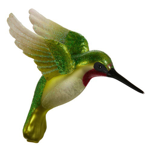 GLITTERED HUMMINGBIRD ORNAMENT featuring green wings and a red throat.